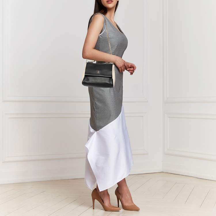 Pre Owned Carolina Herrera Black/White Leather Small Minuetto Top Handle Bag