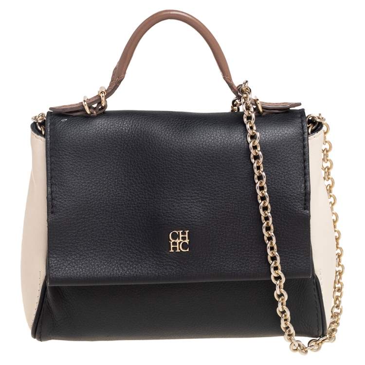 Pre Owned Carolina Herrera Black/White Leather Small Minuetto Top Handle Bag