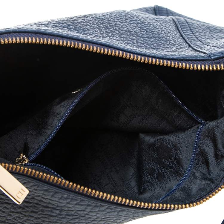 Pre Owned Carolina Herrera Navy Blue Grained Leather Chain Tassel Shoulder Bag