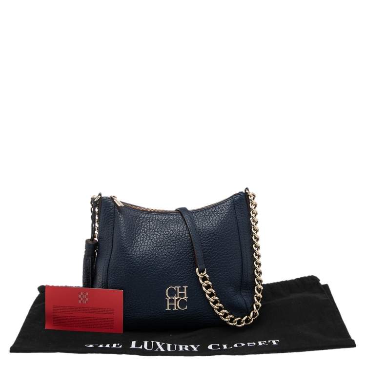 Pre Owned Carolina Herrera Navy Blue Grained Leather Chain Tassel Shoulder Bag