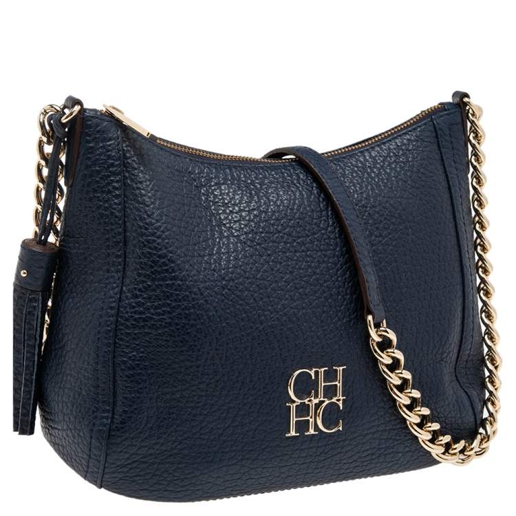 Pre Owned Carolina Herrera Navy Blue Grained Leather Chain Tassel Shoulder Bag