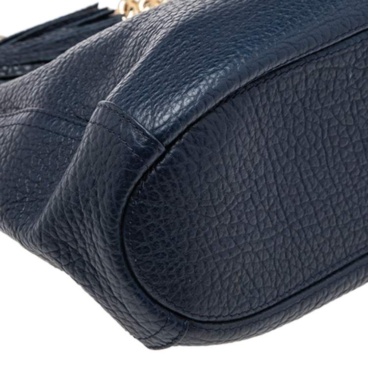 Pre Owned Carolina Herrera Navy Blue Grained Leather Chain Tassel Shoulder Bag