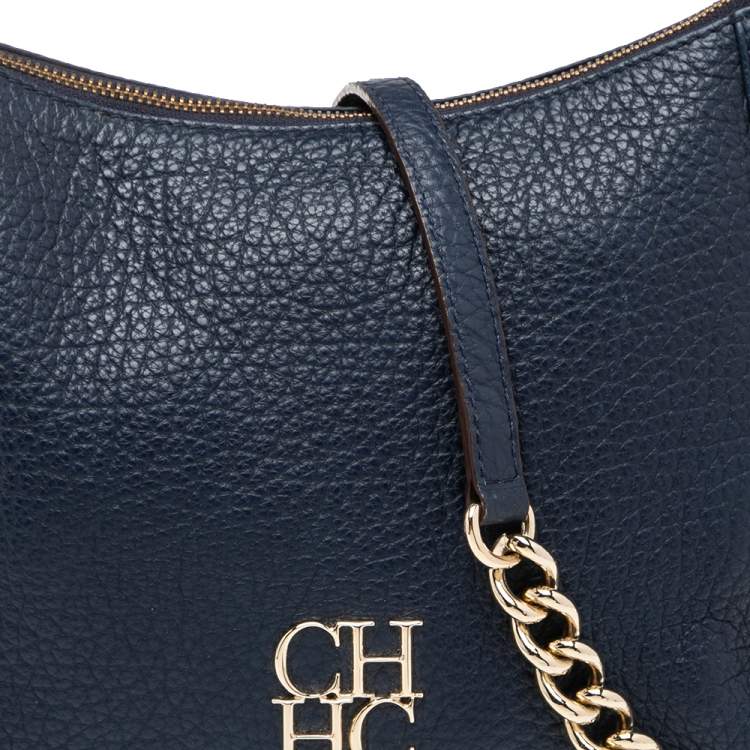 Pre Owned Carolina Herrera Navy Blue Grained Leather Chain Tassel Shoulder Bag