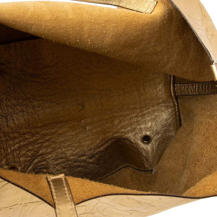 Pre Owned Carolina Herrera Gold Monogram Leather Matryoshka Tote