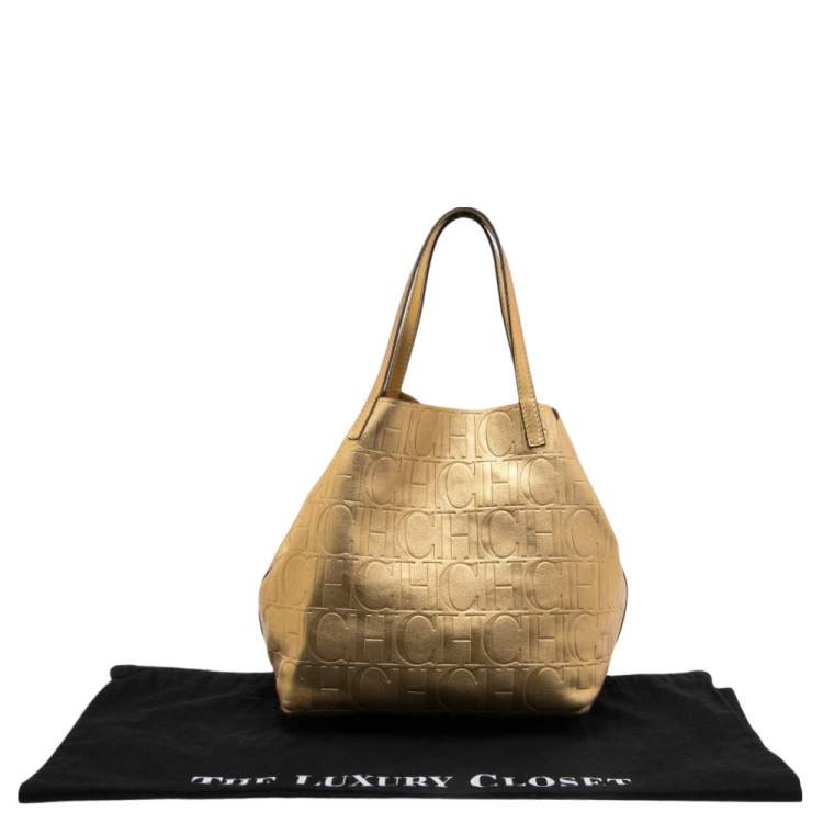 Pre Owned Carolina Herrera Gold Monogram Leather Matryoshka Tote