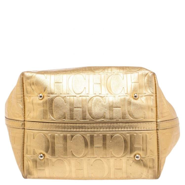 Pre Owned Carolina Herrera Gold Monogram Leather Matryoshka Tote