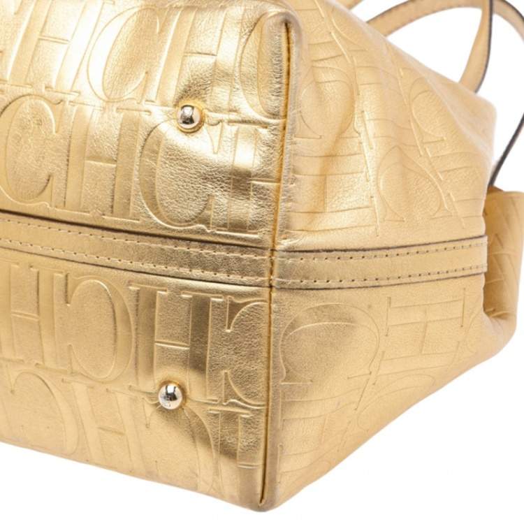 Pre Owned Carolina Herrera Gold Monogram Leather Matryoshka Tote