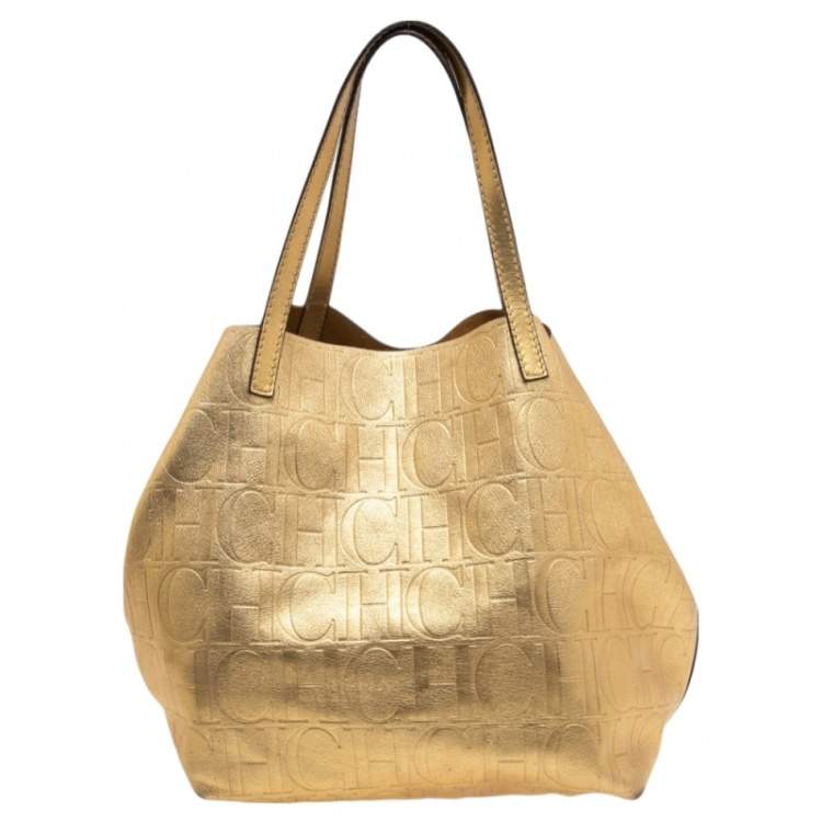 Pre Owned Carolina Herrera Gold Monogram Leather Matryoshka Tote
