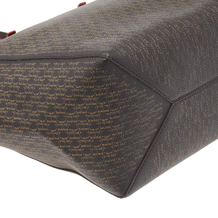 Pre Owned Carolina Herrera Dark Brown Monogram Leather Shopper Tote