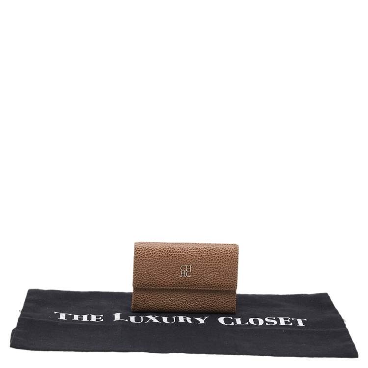 Pre Owned Carolina Herrera Beige Grained Leather Compact Wallet