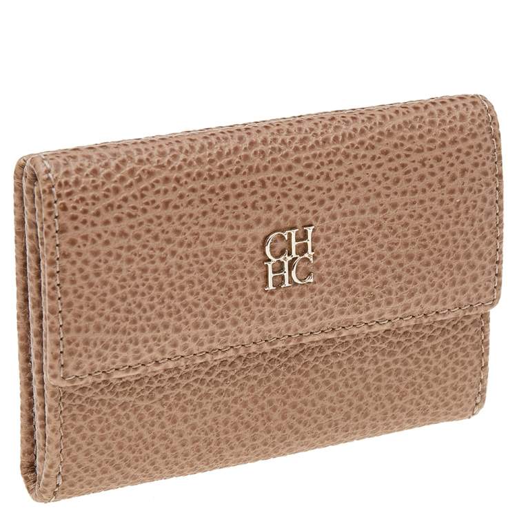 Pre Owned Carolina Herrera Beige Grained Leather Compact Wallet