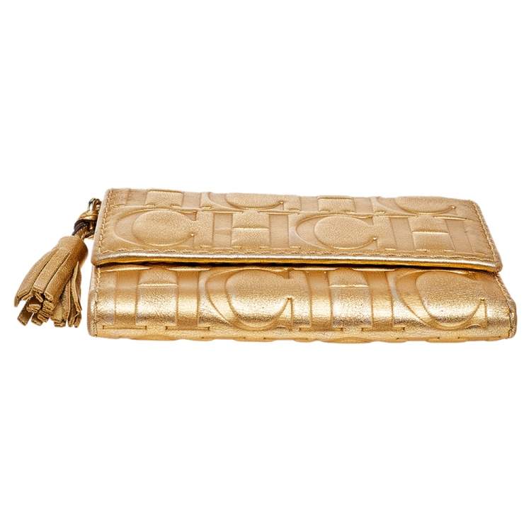 مملوكة مسبقًا Carolina Herrera Metallic Gold Embossed Leather Trifold Compact Wallet