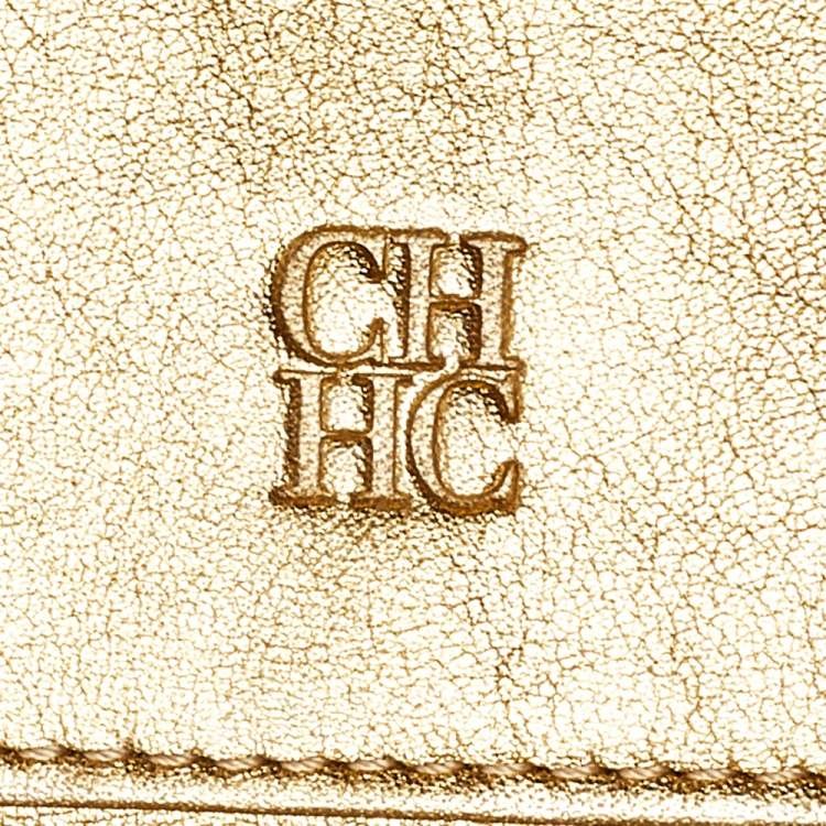 مملوكة مسبقًا Carolina Herrera Metallic Gold Embossed Leather Trifold Compact Wallet