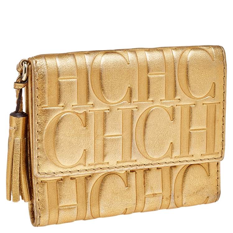 مملوكة مسبقًا Carolina Herrera Metallic Gold Embossed Leather Trifold Compact Wallet