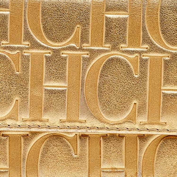 مملوكة مسبقًا Carolina Herrera Metallic Gold Embossed Leather Trifold Compact Wallet