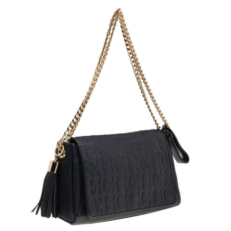 Pre Owned Carolina Herrera Black Leather Chain Flap Shoulder Bag