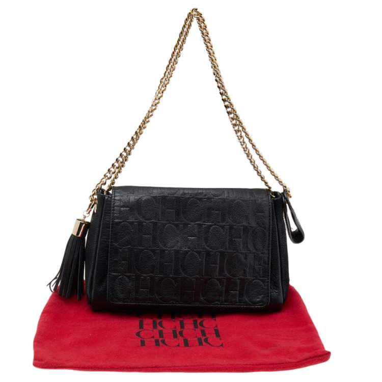 Pre Owned Carolina Herrera Black Leather Chain Flap Shoulder Bag