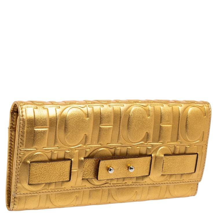 Pre Owned Carolina Herrera Metallic Gold Embossed Leather Flap Continental Wallet