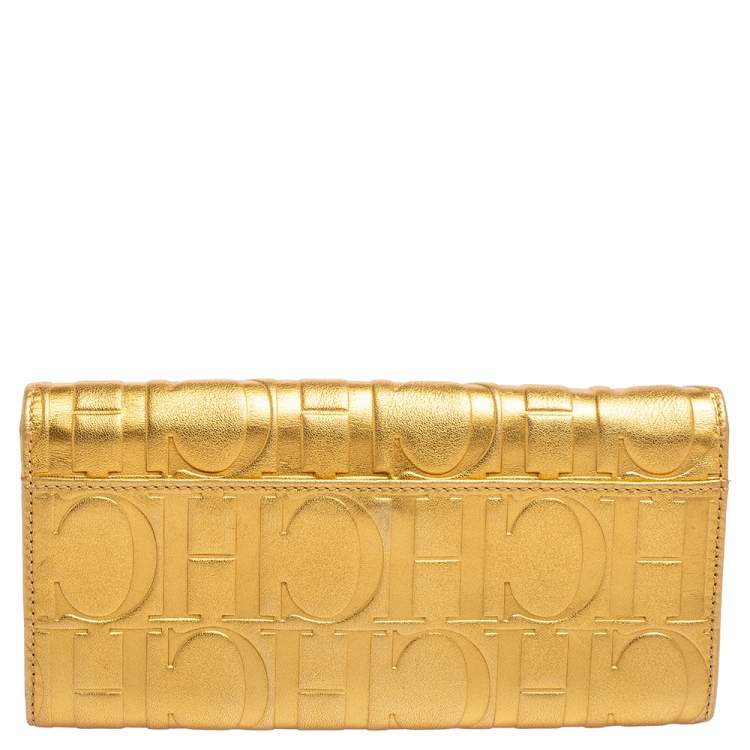 Pre Owned Carolina Herrera Metallic Gold Embossed Leather Flap Continental Wallet