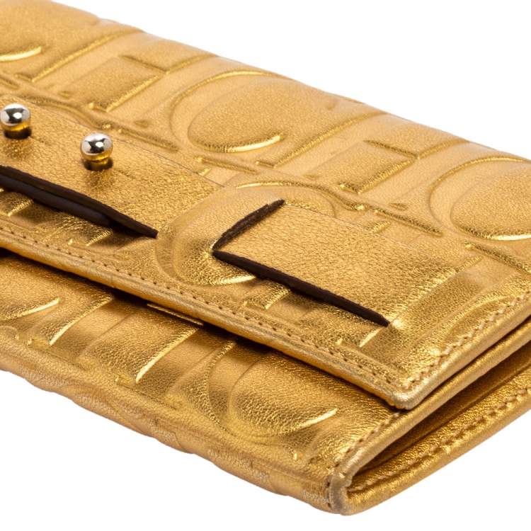 Pre Owned Carolina Herrera Metallic Gold Embossed Leather Flap Continental Wallet