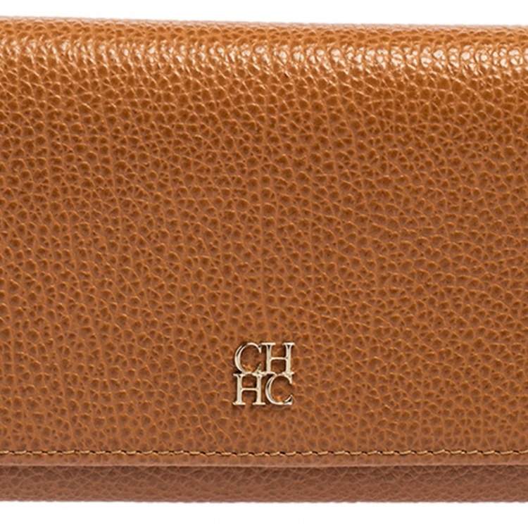 Pre Owned Carolina Herrera Tan Grained Leather Flap Continental Wallet
