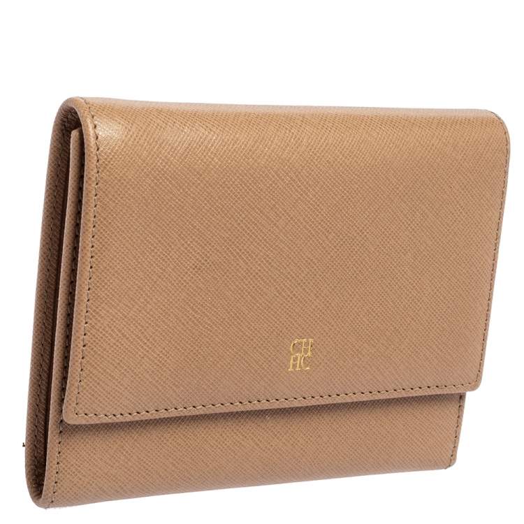 Pre Owned Carolina Herrera Beige Leather Trifold Wallet