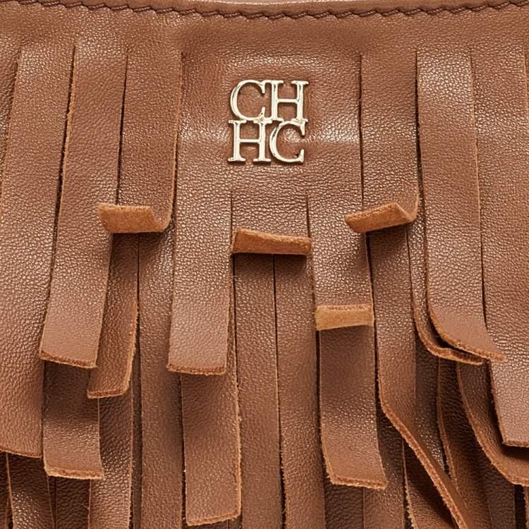 Pre Owned Carolina Hererra Brown Leather Fringe Chain Shoulder Bag