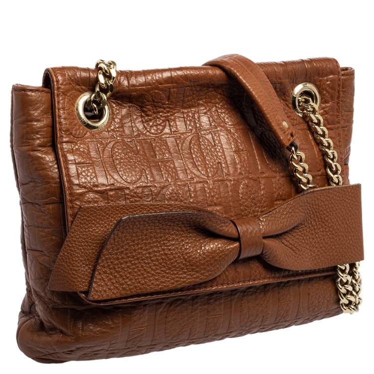 Pre Owned Carolina Herrera Brown Monogram Leather Audrey Shoulder Bag