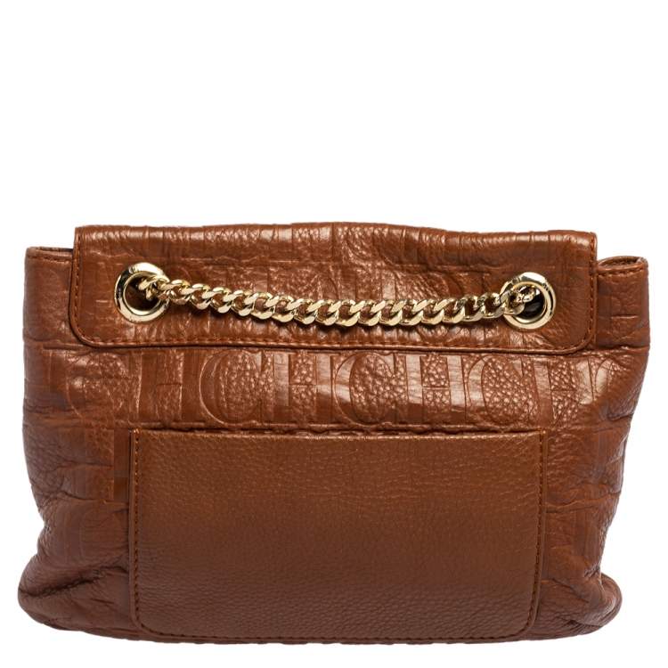 Pre Owned Carolina Herrera Brown Monogram Leather Audrey Shoulder Bag