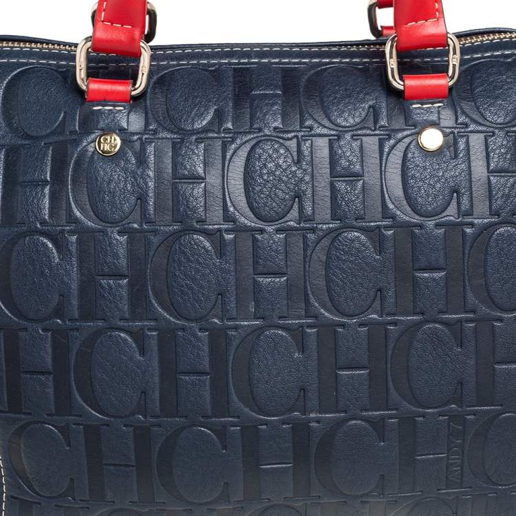 Pre Owned Carolina Herrera Navy Blue/Red Monogram Embossed Leather Andy Boston Bag