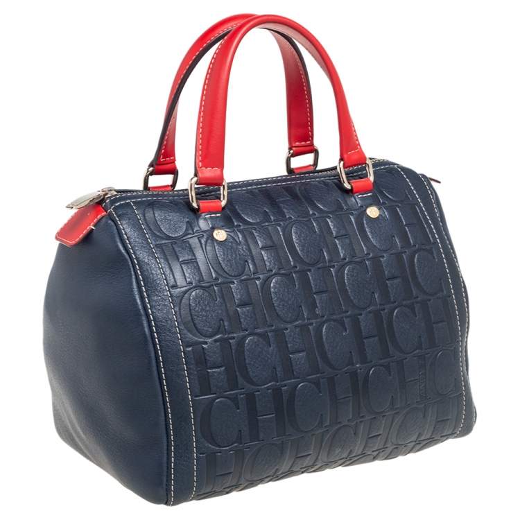 Pre Owned Carolina Herrera Navy Blue/Red Monogram Embossed Leather Andy Boston Bag