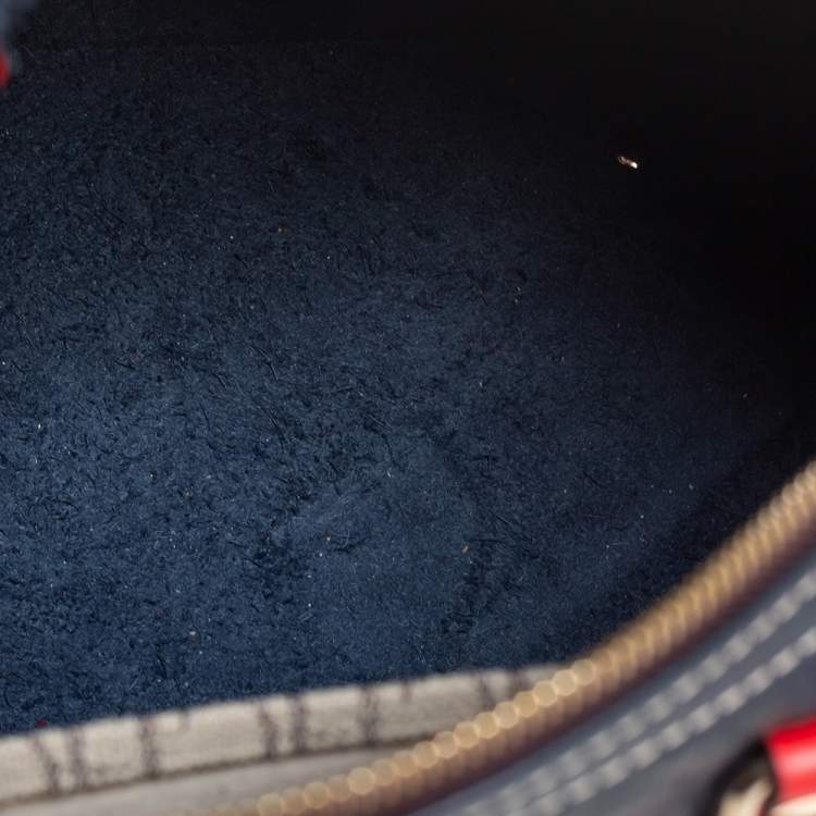 Pre Owned Carolina Herrera Navy Blue/Red Monogram Embossed Leather Andy Boston Bag