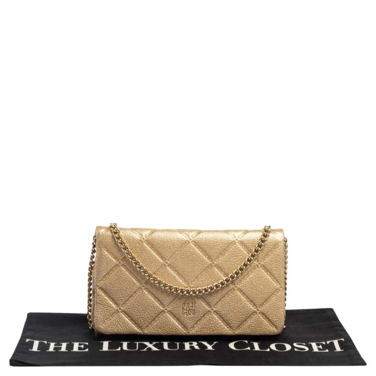 Pre Owned Carolina Herrera Gold Leather Flap Chain Shoulder Bag