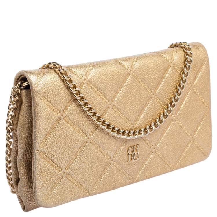 Pre Owned Carolina Herrera Gold Leather Flap Chain Shoulder Bag