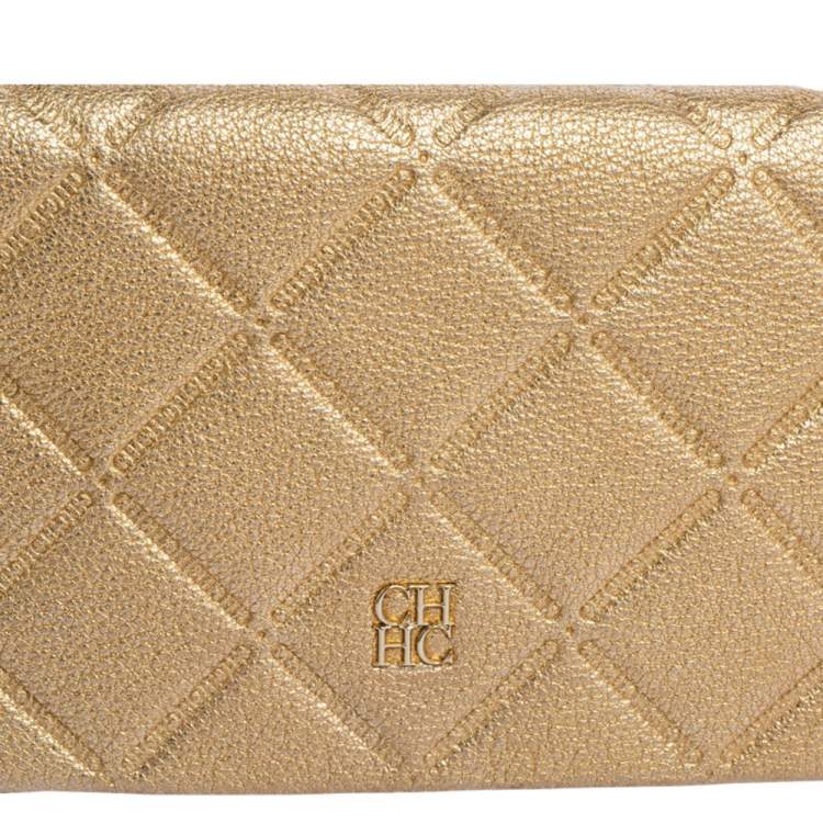 Pre Owned Carolina Herrera Gold Leather Flap Chain Shoulder Bag