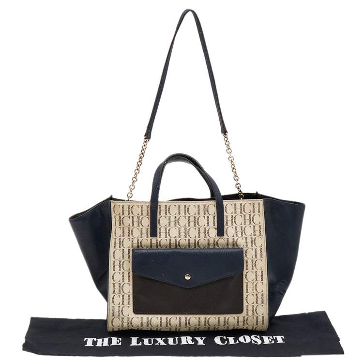 Pre Owned Carolina Herrera Multicolor Monogram Coated Canvas And Leather Front Pocket Tote