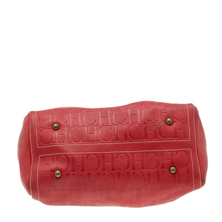 Pre Owned Carolina Herrera Red Monogram Embossed Leather Large Andy Boston Bag
