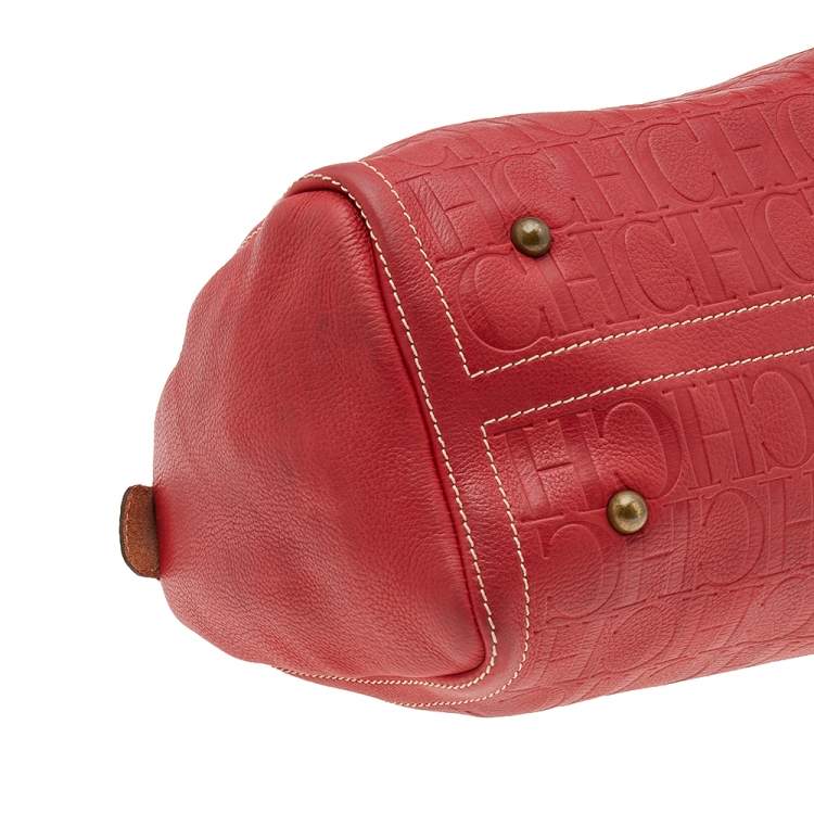 Pre Owned Carolina Herrera Red Monogram Embossed Leather Large Andy Boston Bag
