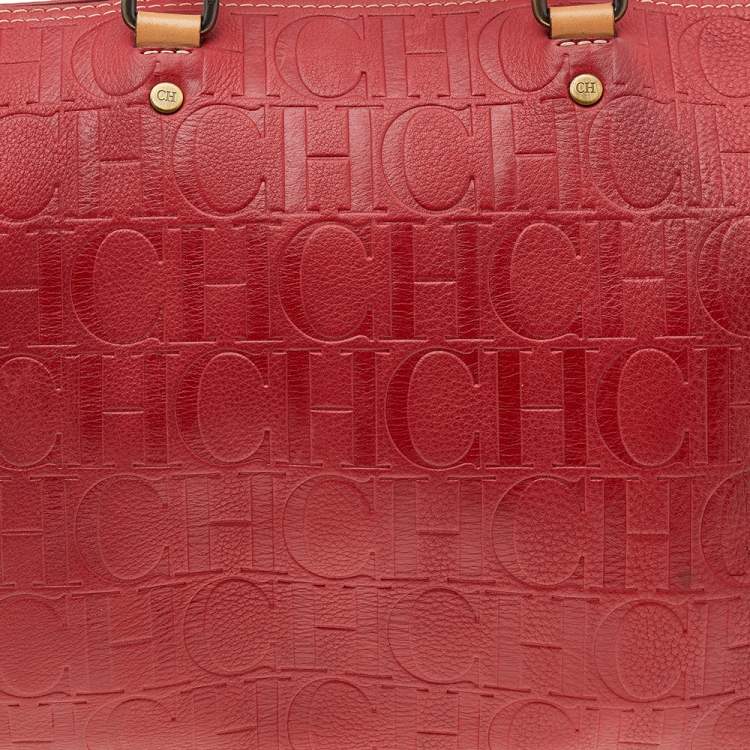 Pre Owned Carolina Herrera Red Monogram Embossed Leather Large Andy Boston Bag