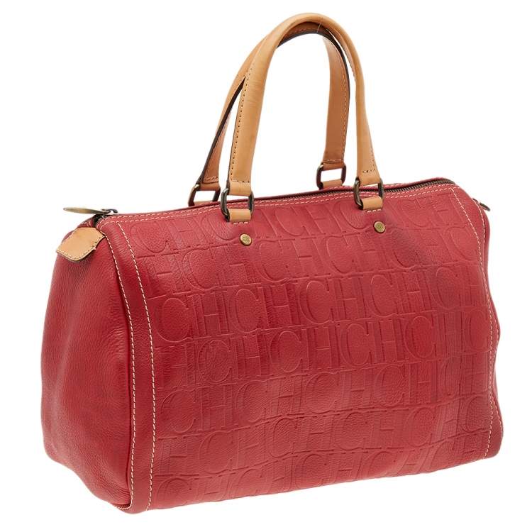 Pre Owned Carolina Herrera Red Monogram Embossed Leather Large Andy Boston Bag