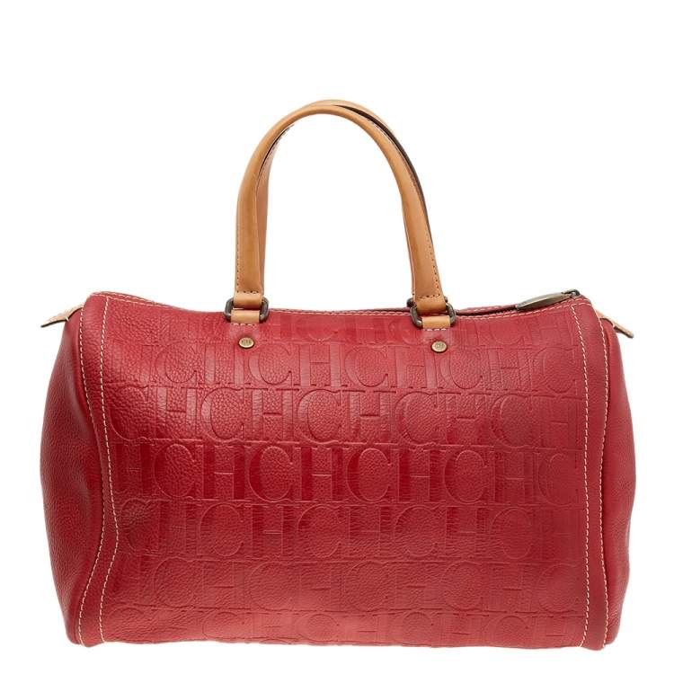Pre Owned Carolina Herrera Red Monogram Embossed Leather Large Andy Boston Bag