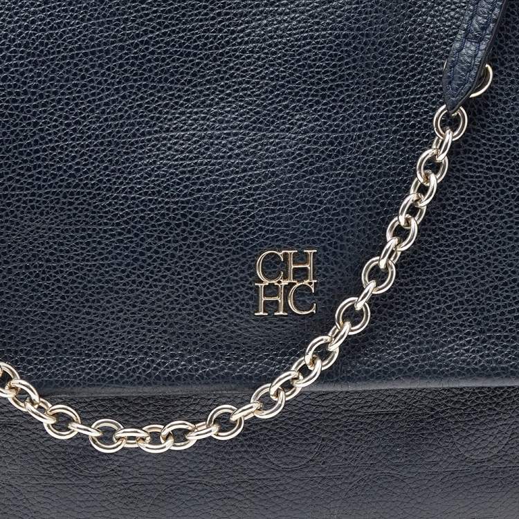 Pre Owned Carolina Herrera Navy Blue Leather Minuetto Top Handle Bag