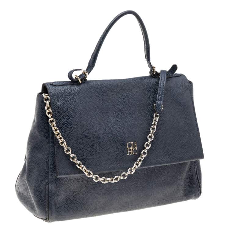 Pre Owned Carolina Herrera Navy Blue Leather Minuetto Top Handle Bag