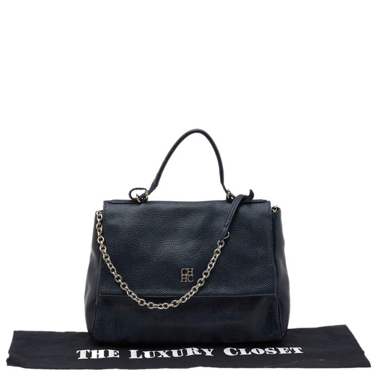 Pre Owned Carolina Herrera Navy Blue Leather Minuetto Top Handle Bag