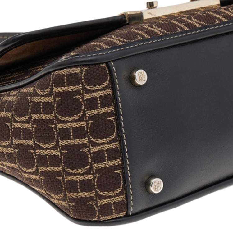Pre Owned Carolina Herrera Brown Canvas and Leather Top Handle Bag