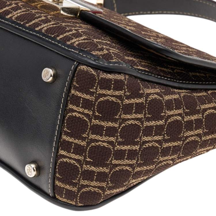 Pre Owned Carolina Herrera Brown Canvas and Leather Top Handle Bag