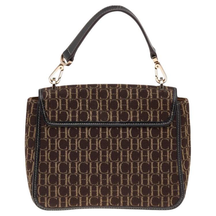 Pre Owned Carolina Herrera Brown Canvas and Leather Top Handle Bag