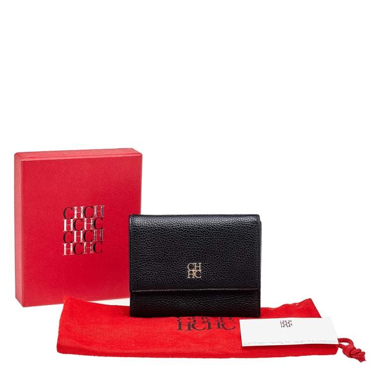 Pre Owned Carolina Herrera Black Leather Trifold Compact Wallet