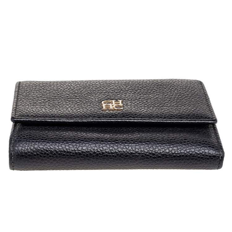 Pre Owned Carolina Herrera Black Leather Trifold Compact Wallet