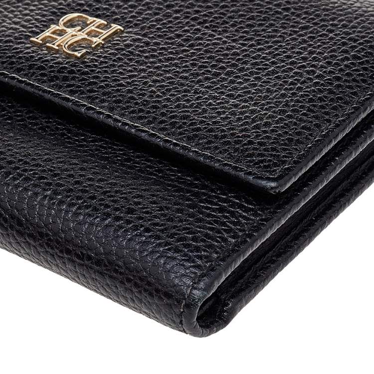 Pre Owned Carolina Herrera Black Leather Trifold Compact Wallet